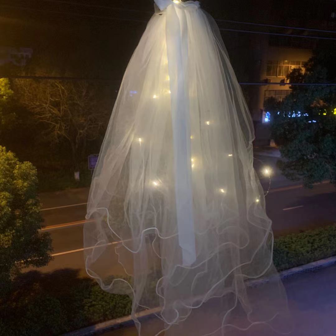 Veil Light-Emitting Double-Layer Super Fairy New Bow Double-Layer Ribbon Bow Veil Headwear with Light Wedding Veil Veil Light-Emitting Double-Layer Super Fairy New Bow Double-Layer Ribbon Bow Veil Headwear with Light Wedding Veil