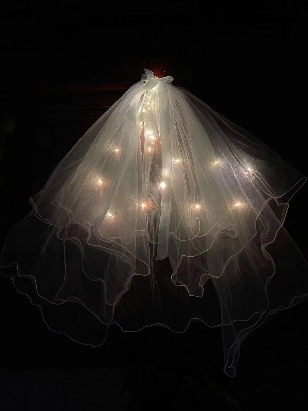 Veil Light-Emitting Double-Layer Super Fairy New Bow Double-Layer Ribbon Bow Veil Headwear with Light Wedding Veil Veil Light-Emitting Double-Layer Super Fairy New Bow Double-Layer Ribbon Bow Veil Headwear with Light Wedding Veil