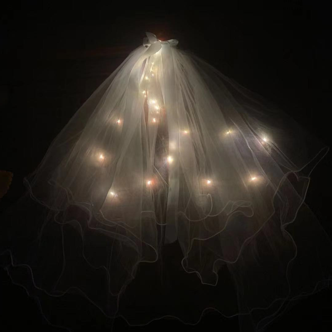 Veil Light-Emitting Double-Layer Super Fairy New Bow Double-Layer Ribbon Bow Veil Headwear with Light Wedding Veil Veil Light-Emitting Double-Layer Super Fairy New Bow Double-Layer Ribbon Bow Veil Headwear with Light Wedding Veil
