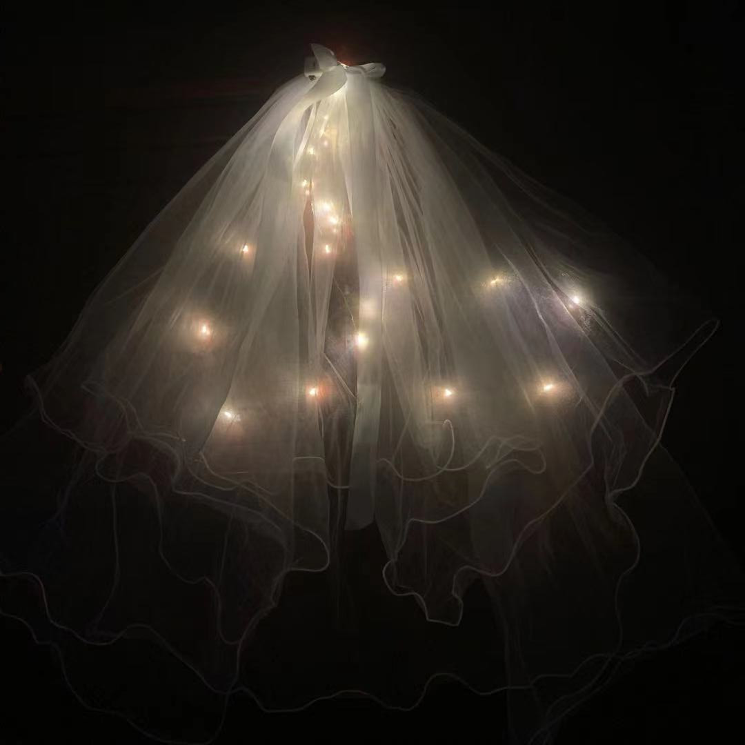 Veil Light-Emitting Double-Layer Super Fairy New Bow Double-Layer Ribbon Bow Veil Headwear with Light Wedding Veil Veil Light-Emitting Double-Layer Super Fairy New Bow Double-Layer Ribbon Bow Veil Headwear with Light Wedding Veil