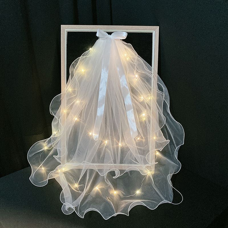 Veil Light-Emitting Double-Layer Super Fairy New Bow Double-Layer Ribbon Bow Veil Headwear with Light Wedding Veil Veil Light-Emitting Double-Layer Super Fairy New Bow Double-Layer Ribbon Bow Veil Headwear with Light Wedding Veil