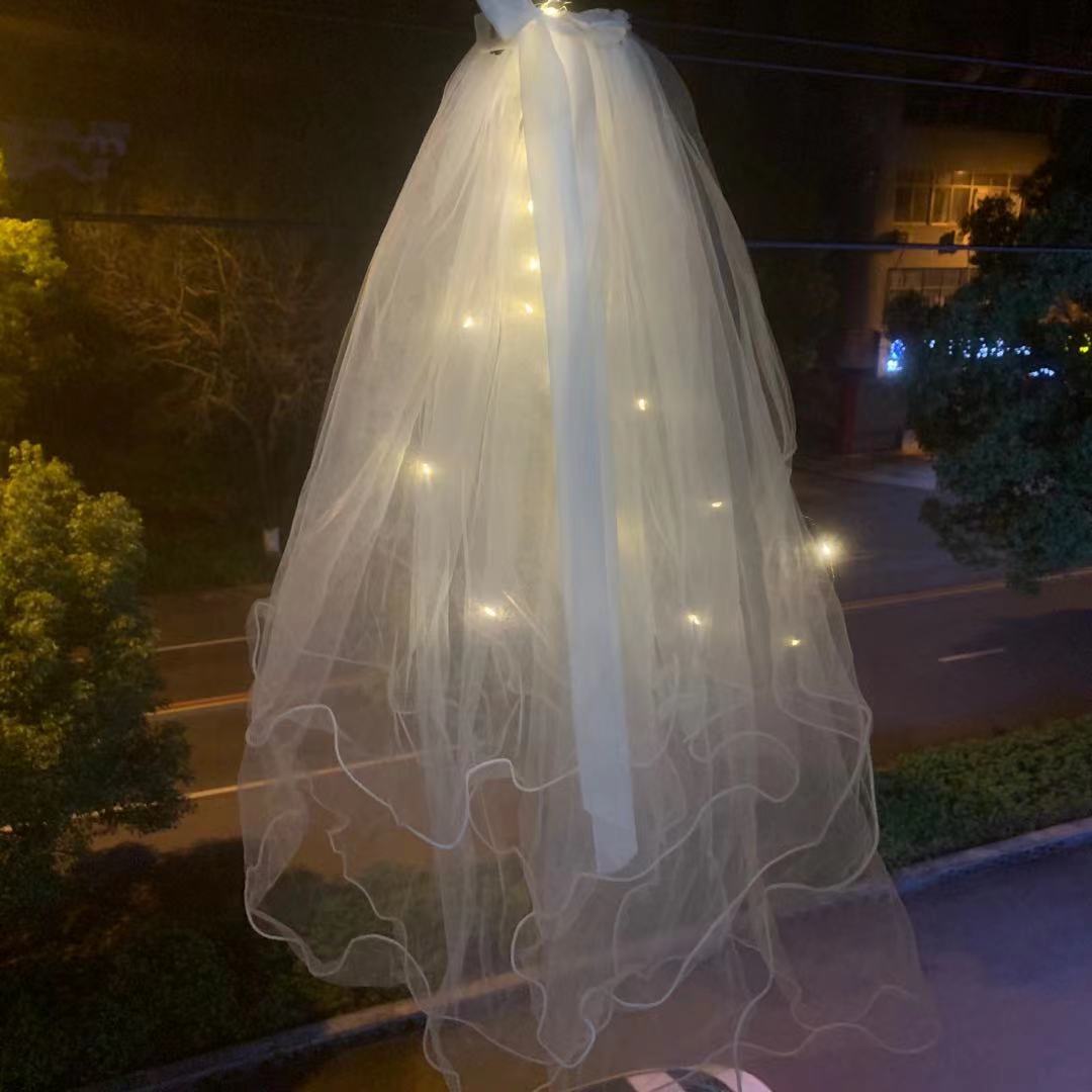 Veil Light-Emitting Double-Layer Super Fairy New Bow Double-Layer Ribbon Bow Veil Headwear with Light Wedding Veil Veil Light-Emitting Double-Layer Super Fairy New Bow Double-Layer Ribbon Bow Veil Headwear with Light Wedding Veil