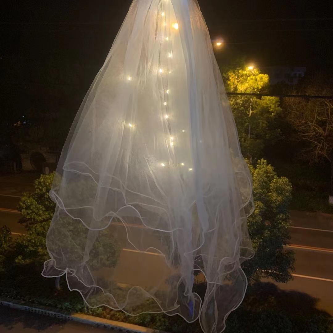 Veil Light-Emitting Double-Layer Super Fairy New Bow Double-Layer Ribbon Bow Veil Headwear with Light Wedding Veil Veil Light-Emitting Double-Layer Super Fairy New Bow Double-Layer Ribbon Bow Veil Headwear with Light Wedding Veil