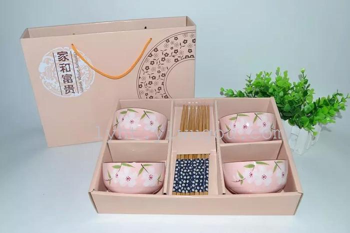 New ceramic color hand-painted Sakura gift set four four 8 bowl chopsticks chopsticks head tableware wedding party gift