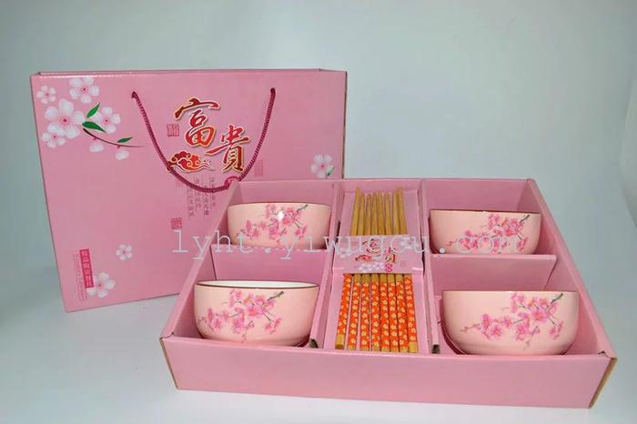 New ceramic color hand-painted Sakura gift set four four 8 bowl chopsticks chopsticks head tableware wedding party gift