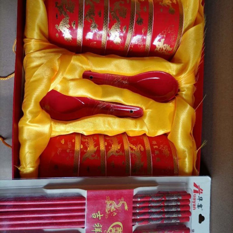 Free Shipping Festive Wedding Ceramic Bowl and Chopsticks Tableware Set Return Bowl Wedding Red Bowl Wedding Bowl Set Gift Set