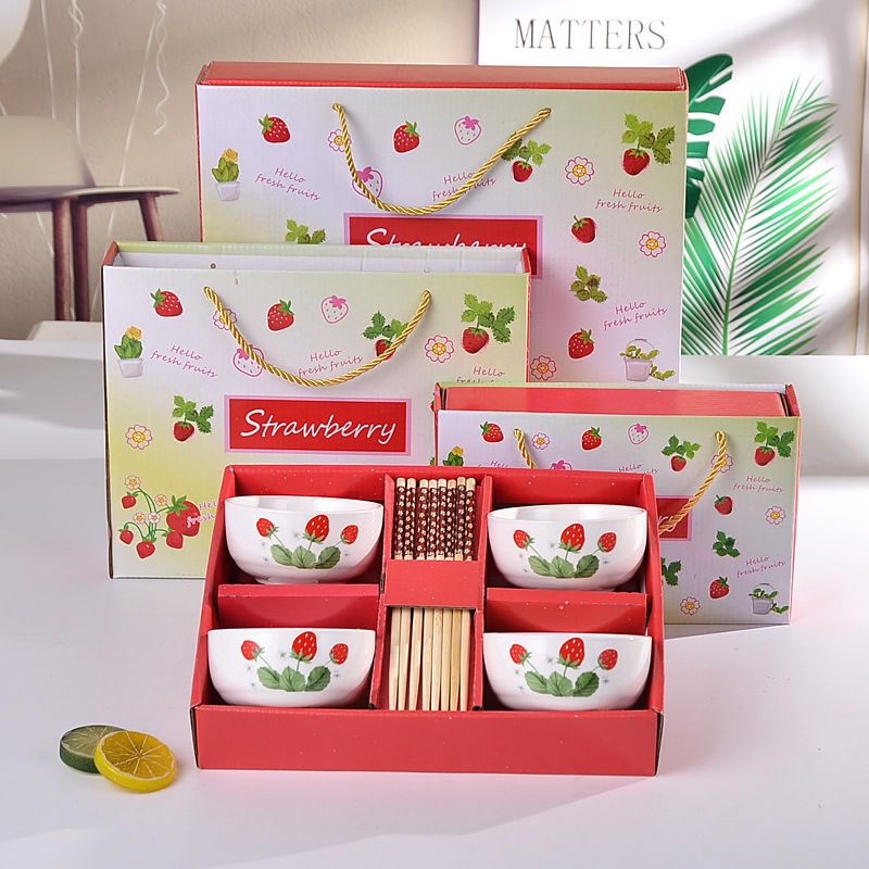 cartoon calf eat rice bowl strawberry ceramic bowl tableware business will sell chopsticks set wedding with hand gifts