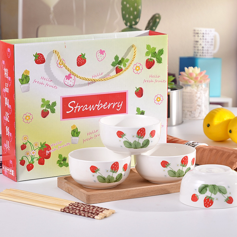 cartoon calf eat rice bowl strawberry ceramic bowl tableware business will sell chopsticks set wedding with hand gifts cartoon calf eat rice bowl strawberry ceramic bowl tableware business will sell chopsticks set wedding with hand gifts