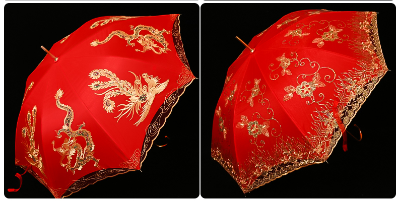 Wedding Dowry Chinese Embroidery Creative Wedding Festive Red Lace Wedding Long Handle Umbrella Bridal Wedding Supplies Wedding Dowry Chinese Embroidery Creative Wedding Festive Red Lace Wedding Long Handle Umbrella Bridal Wedding Supplies