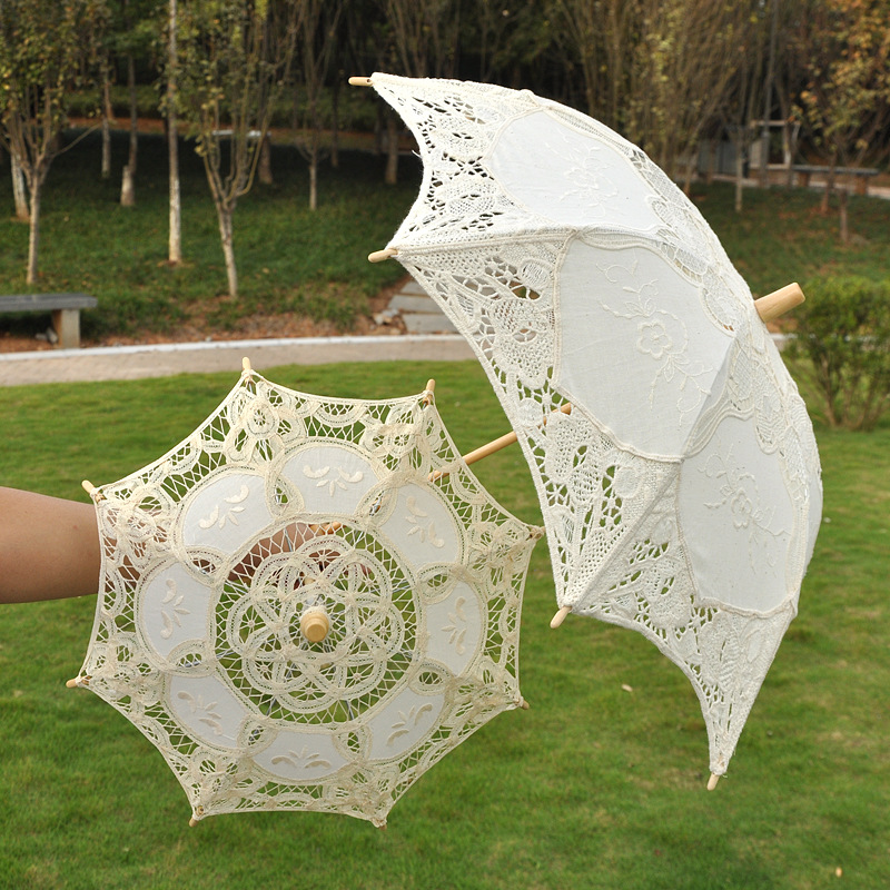 Hot Sale Wedding Supplies Decorative Umbrella Palace Wedding Lace Umbrella Bride Lace Umbrella White Bridesmaid Flower Girl Wooden Handle Umbrella