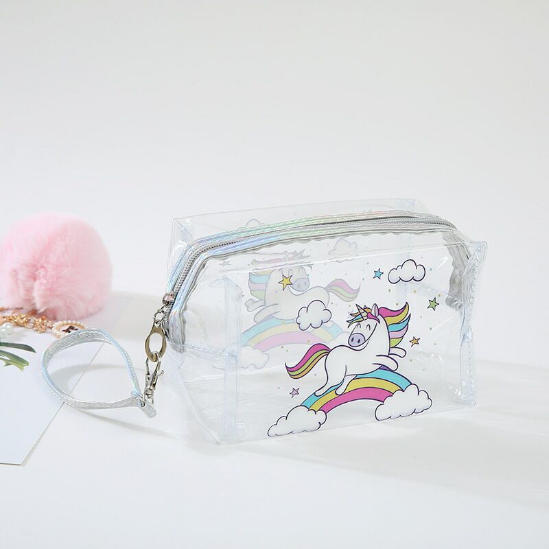 2019 cartoon transparent makeup bag arm-held flamingo transparent wash bag ladies transparent pillow bag