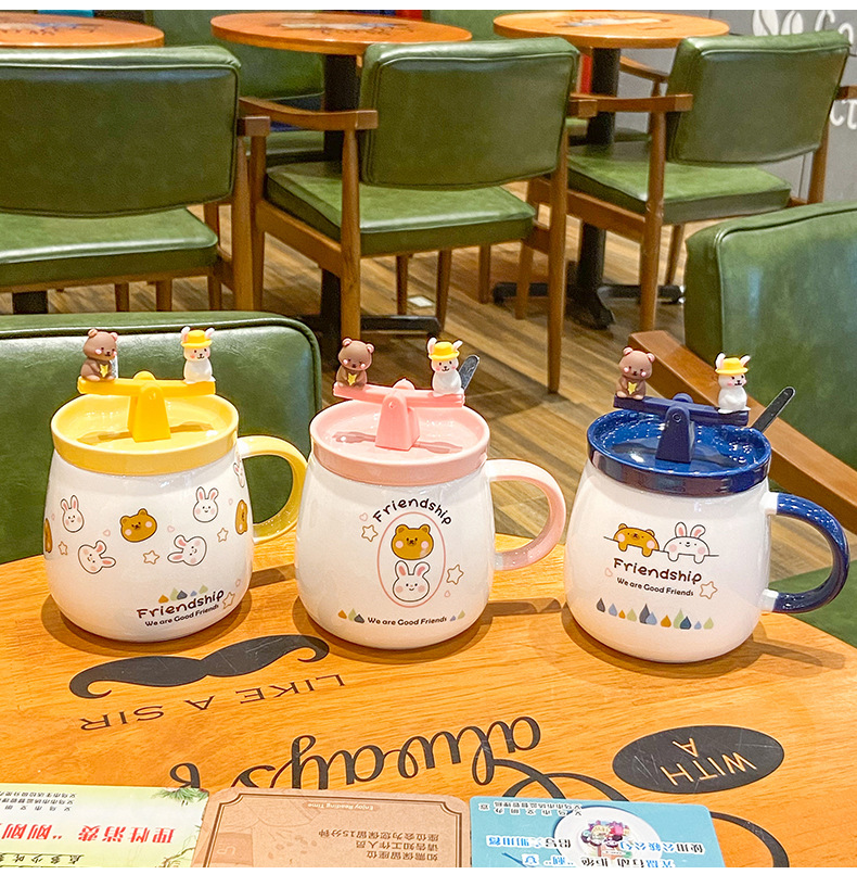 Cute Girl Cartoon Bear Rabbit Ceramic Cup Creative Fun Seesaw Mug Breakfast Student Cartoon Drinking Cup