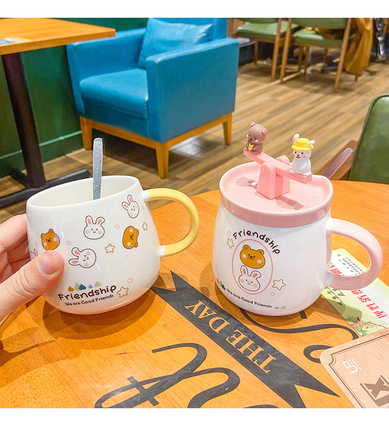 Cute Girl Cartoon Bear Rabbit Ceramic Cup Creative Fun Seesaw Mug Breakfast Student Cartoon Drinking Cup
