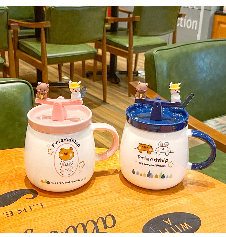 Cute Girl Cartoon Bear Rabbit Ceramic Cup Creative Fun Seesaw Mug Breakfast Student Cartoon Drinking Cup