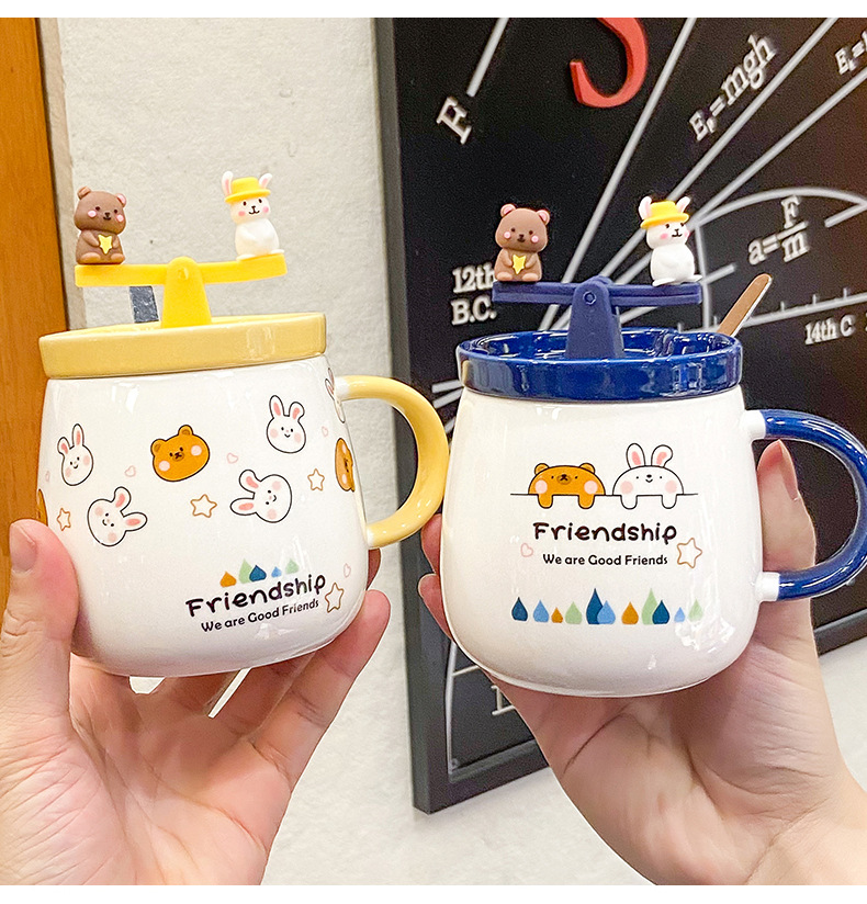 Cute Girl Cartoon Bear Rabbit Ceramic Cup Creative Fun Seesaw Mug Breakfast Student Cartoon Drinking Cup