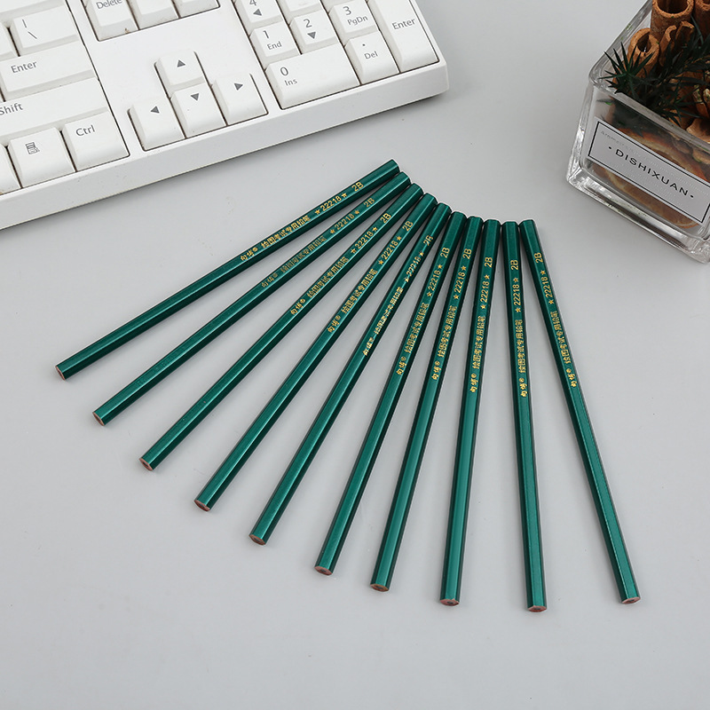 10 PCs Rosewood Hexagonal Flash Green Rod Student Writing HB Pencil Sketch Drawing Exam Fill Card 2B Pencil