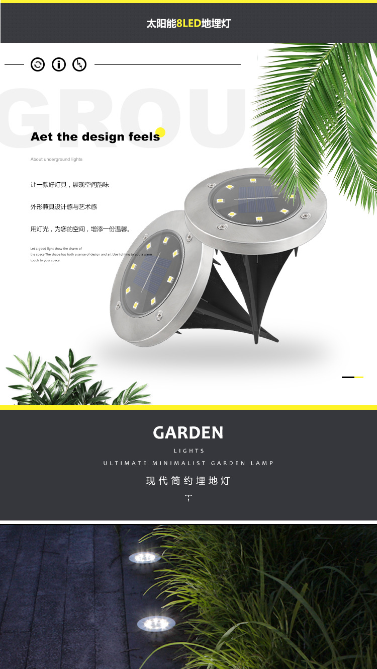 Solar Underground Light 8led Stainless Steel Outdoor New Plug-in Floor Lawn Lamp Garden Rain-Proof Villa Floor Lamp