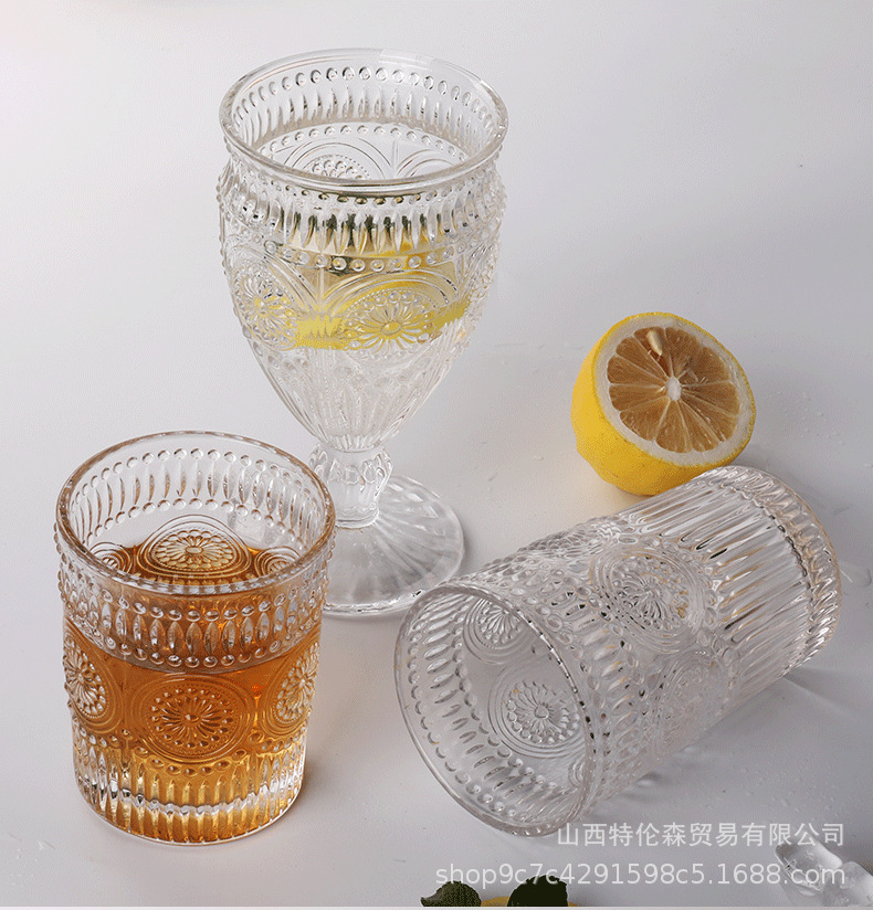 Trentson Ins Style Vintage Relief Taiyanghua Glass Cup Goblet Tea Cup Juice Beer Milk Cup