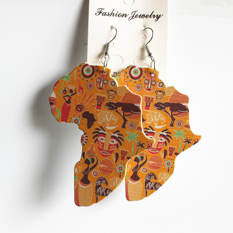 E220 2020 New Wooden Earrings Painted Africa Map Wood Eardrops