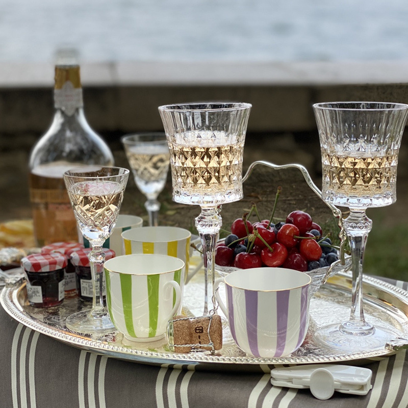 French Imported CDA Crystal Glass Diamonds Vintage Red Wine Glass Fans Champagne Glass Goblet Whiskey Shot Glass