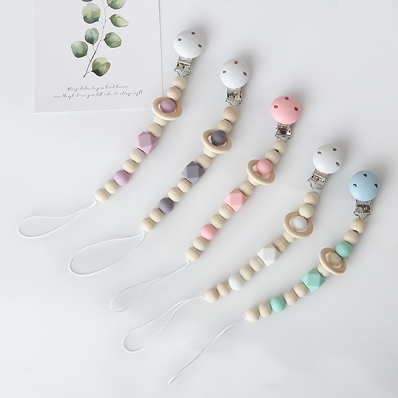 INS New Children&#039;s Silicone Wooden Circle Beaded Decoration Baby Wooden Pacifier Clip Toy Beaded