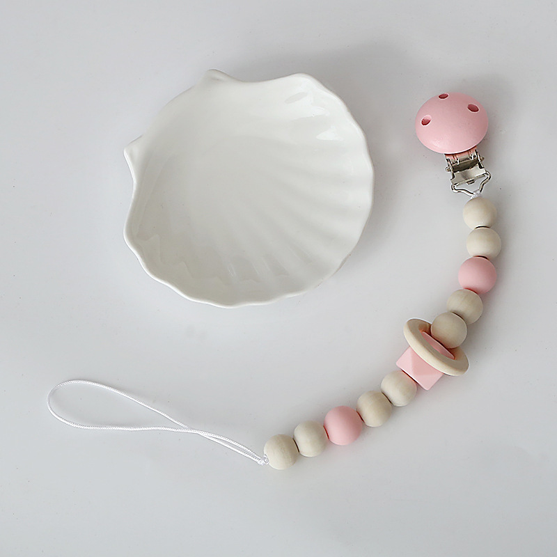 INS New Children&#039;s Silicone Wooden Circle Beaded Decoration Baby Wooden Pacifier Clip Toy Beaded
