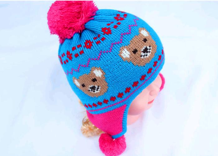 Qiu dong han edition of the new children's hat cartoon bear jacquard baby hat double ball earmuffs knitted cap Qiu dong han edition of the new children's hat cartoon bear jacquard baby hat double ball earmuffs knitted cap