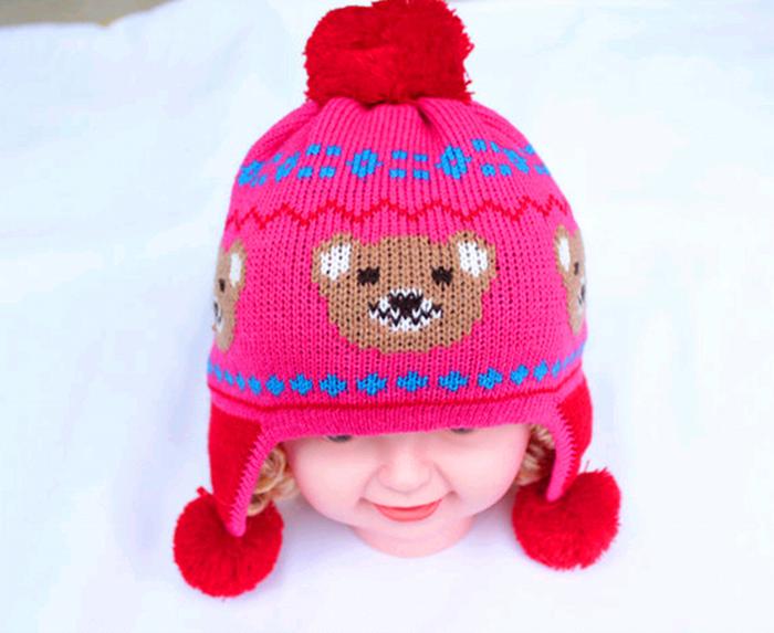Qiu dong han edition of the new children's hat cartoon bear jacquard baby hat double ball earmuffs knitted cap Qiu dong han edition of the new children's hat cartoon bear jacquard baby hat double ball earmuffs knitted cap