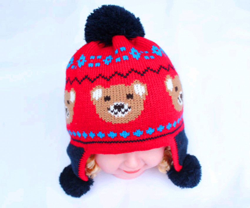 Qiu dong han edition of the new children&#039;s hat cartoon bear jacquard baby hat double ball earmuffs knitted cap