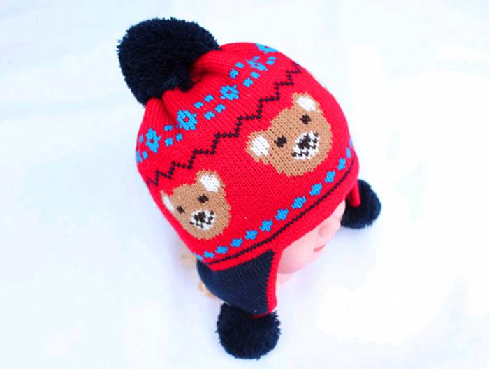 Qiu dong han edition of the new children's hat cartoon bear jacquard baby hat double ball earmuffs knitted cap Qiu dong han edition of the new children's hat cartoon bear jacquard baby hat double ball earmuffs knitted cap
