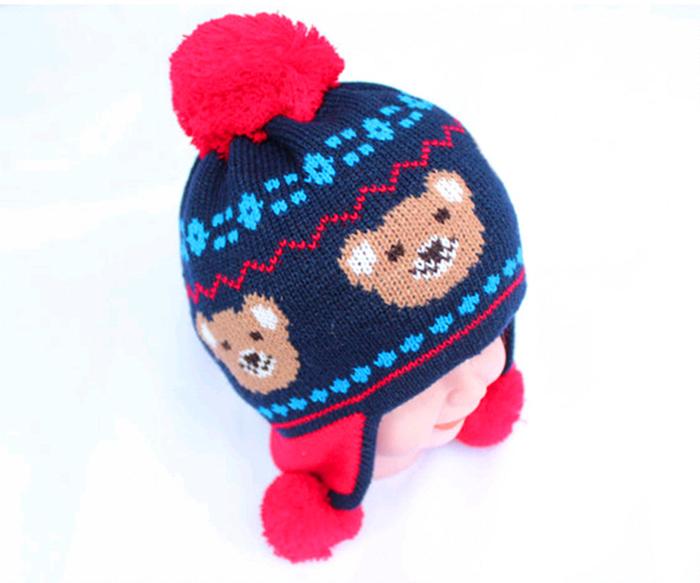 Qiu dong han edition of the new children's hat cartoon bear jacquard baby hat double ball earmuffs knitted cap Qiu dong han edition of the new children's hat cartoon bear jacquard baby hat double ball earmuffs knitted cap