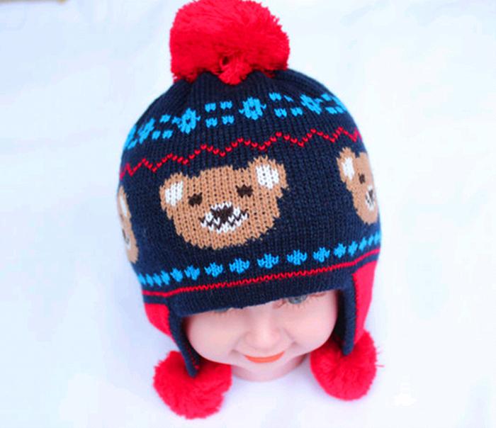 Qiu dong han edition of the new children's hat cartoon bear jacquard baby hat double ball earmuffs knitted cap Qiu dong han edition of the new children's hat cartoon bear jacquard baby hat double ball earmuffs knitted cap
