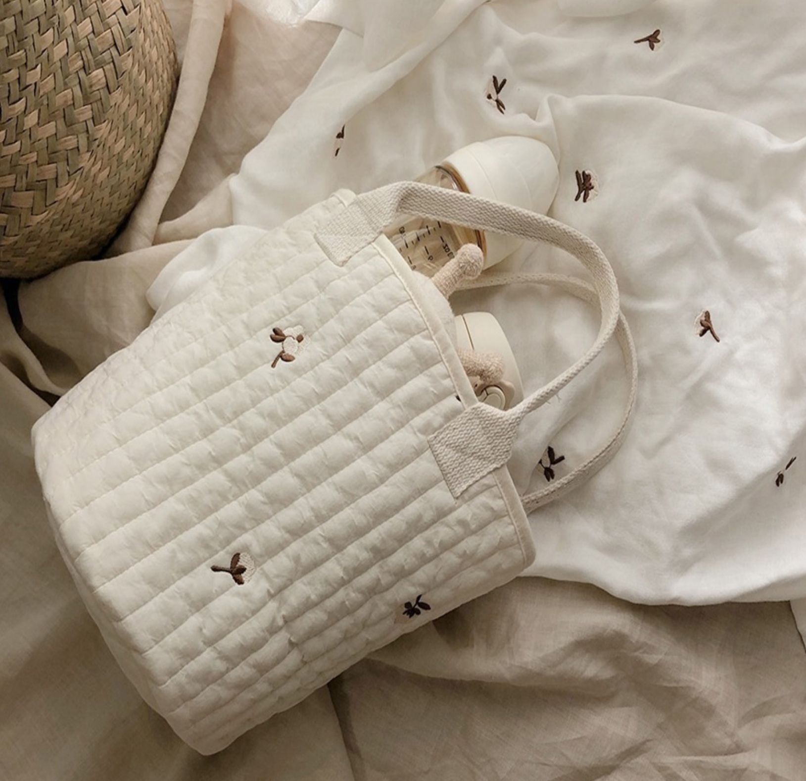 2021korean New Baby Stroller Storage Pannier Bag Feeding Bottle Diaper Bag Cotton Embroidery Portable Bucket Bag