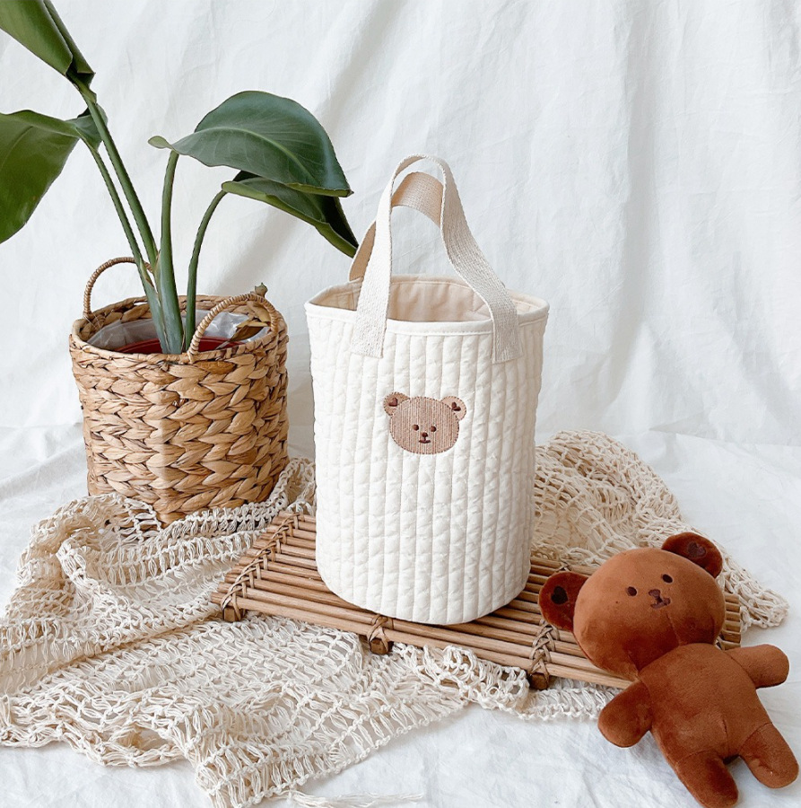 2021korean New Baby Stroller Storage Pannier Bag Feeding Bottle Diaper Bag Cotton Embroidery Portable Bucket Bag