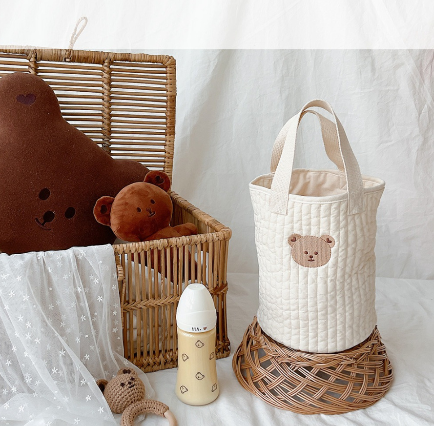 2021korean New Baby Stroller Storage Pannier Bag Feeding Bottle Diaper Bag Cotton Embroidery Portable Bucket Bag