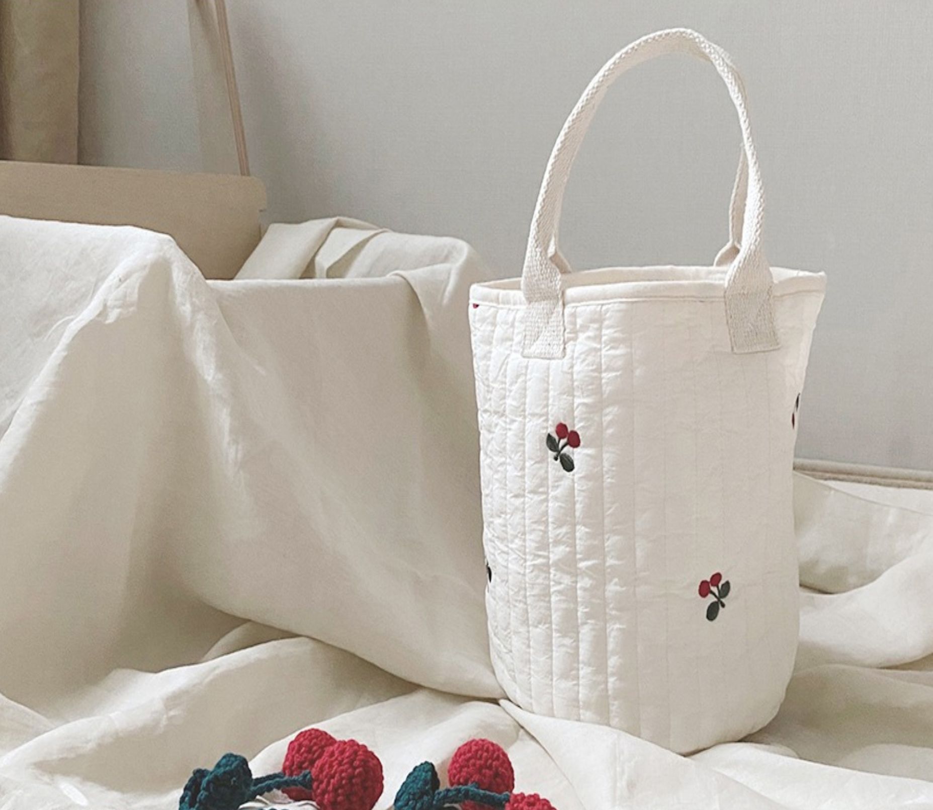 2021korean New Baby Stroller Storage Pannier Bag Feeding Bottle Diaper Bag Cotton Embroidery Portable Bucket Bag