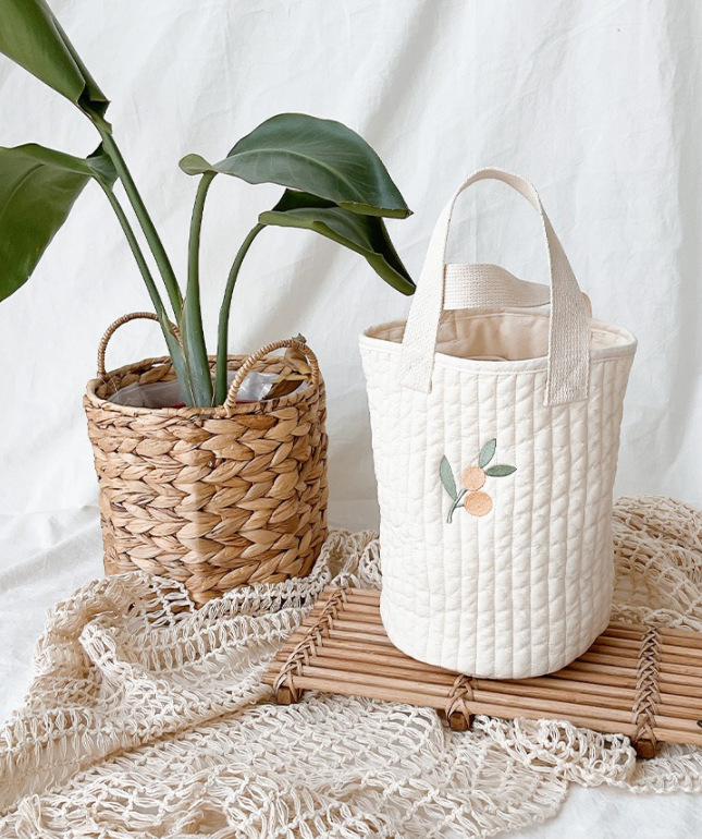 2021korean New Baby Stroller Storage Pannier Bag Feeding Bottle Diaper Bag Cotton Embroidery Portable Bucket Bag