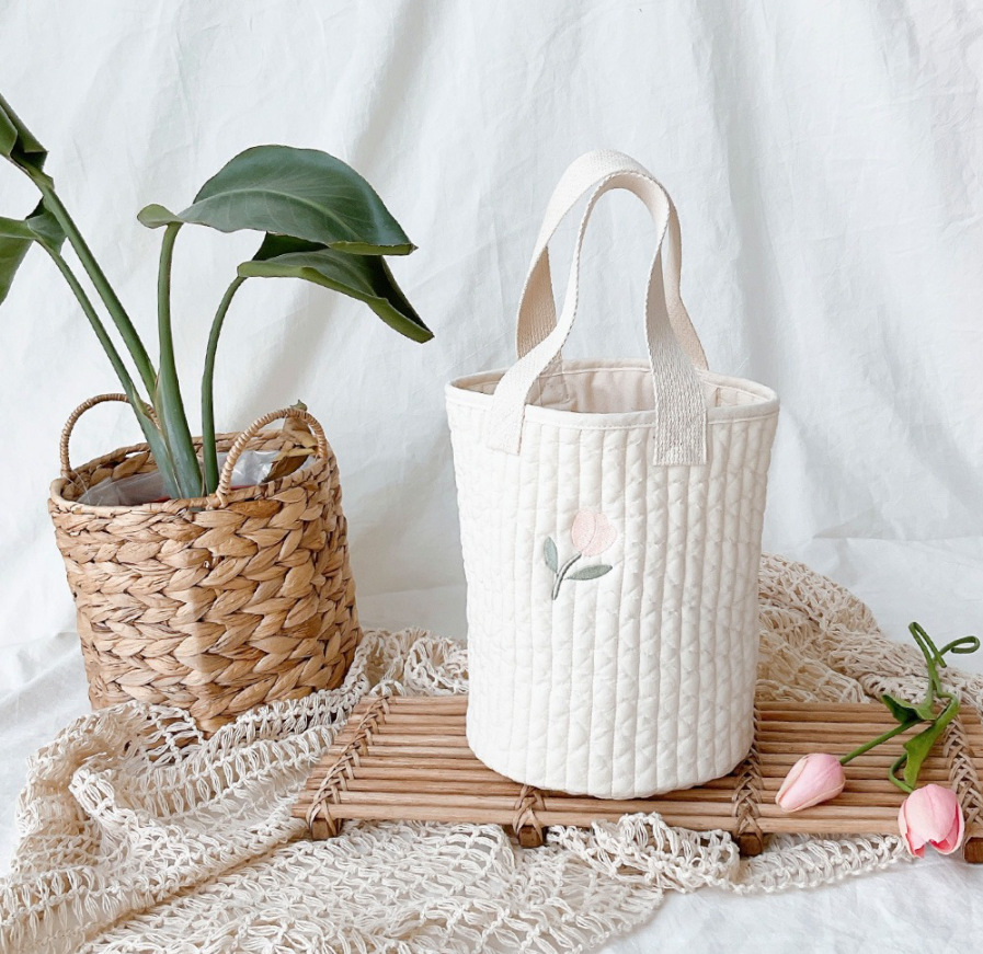 2021korean New Baby Stroller Storage Pannier Bag Feeding Bottle Diaper Bag Cotton Embroidery Portable Bucket Bag