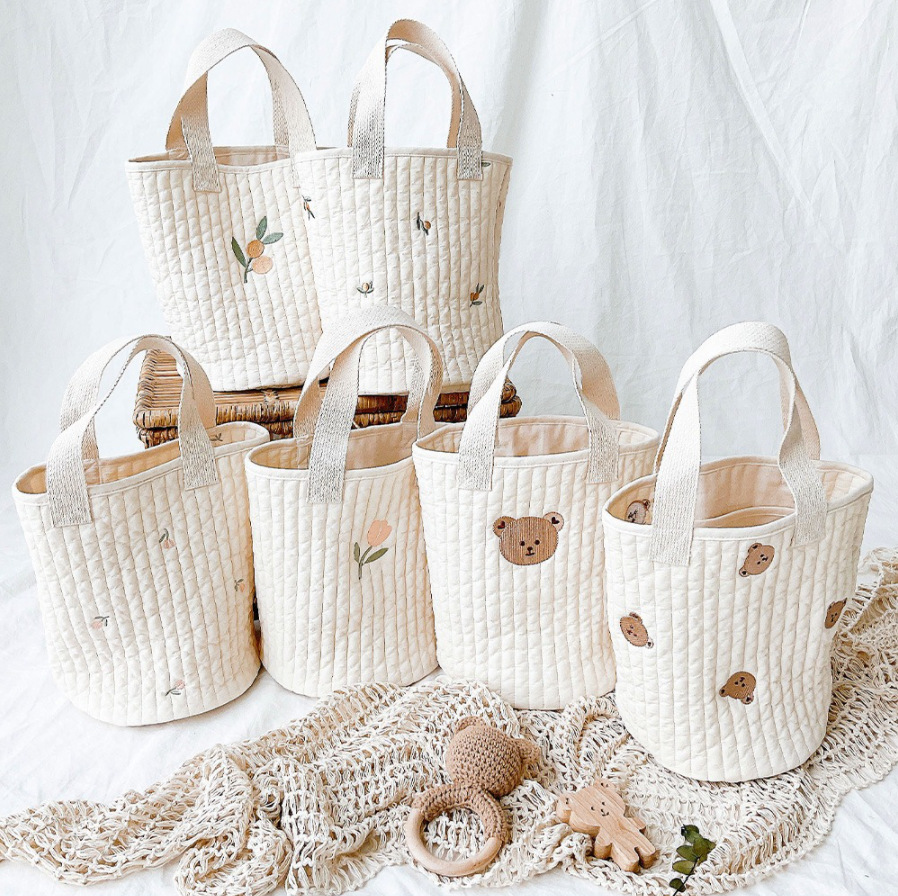 2021korean New Baby Stroller Storage Pannier Bag Feeding Bottle Diaper Bag Cotton Embroidery Portable Bucket Bag