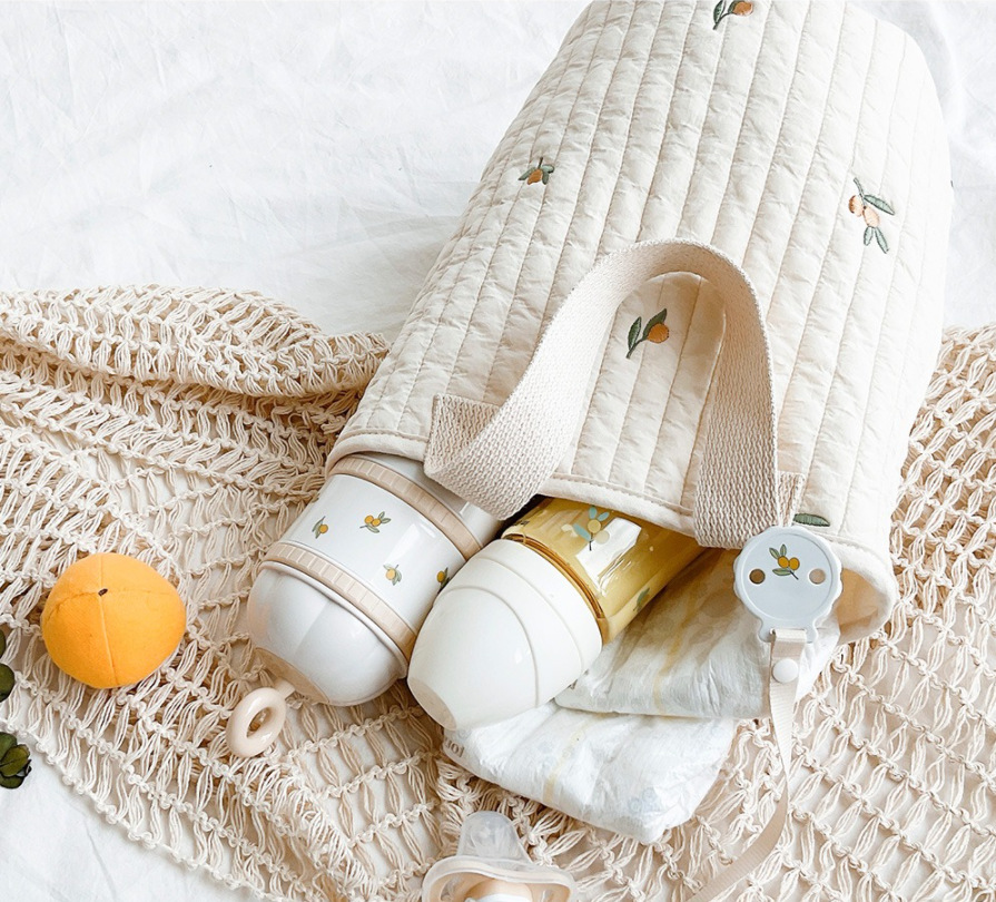 2021korean New Baby Stroller Storage Pannier Bag Feeding Bottle Diaper Bag Cotton Embroidery Portable Bucket Bag