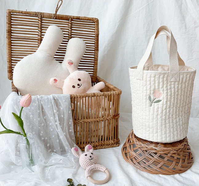 2021korean New Baby Stroller Storage Pannier Bag Feeding Bottle Diaper Bag Cotton Embroidery Portable Bucket Bag