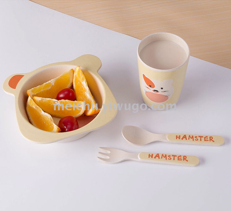 Children's bamboo fiber tableware healthy baby dishes fork spoons cute cartoon tableware set bowls and dishes