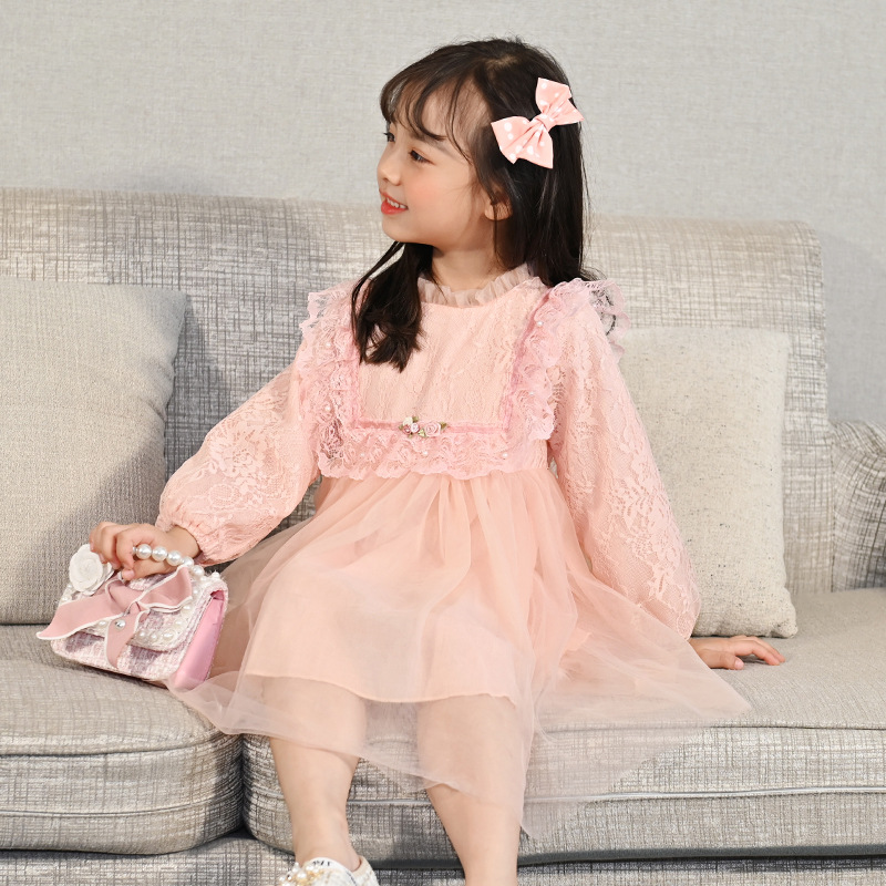 Girls&#039; Autumn Dress 2021 New Long Sleeve Puffy Lace Gauzy Skirt Children&#039;s Princess Dress Baby Clothes Skirt