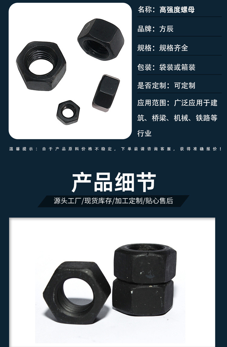 Supply High Strength Nuts Carbon Steel Oxidation Black Hexagon Screws Steel Structure Nut