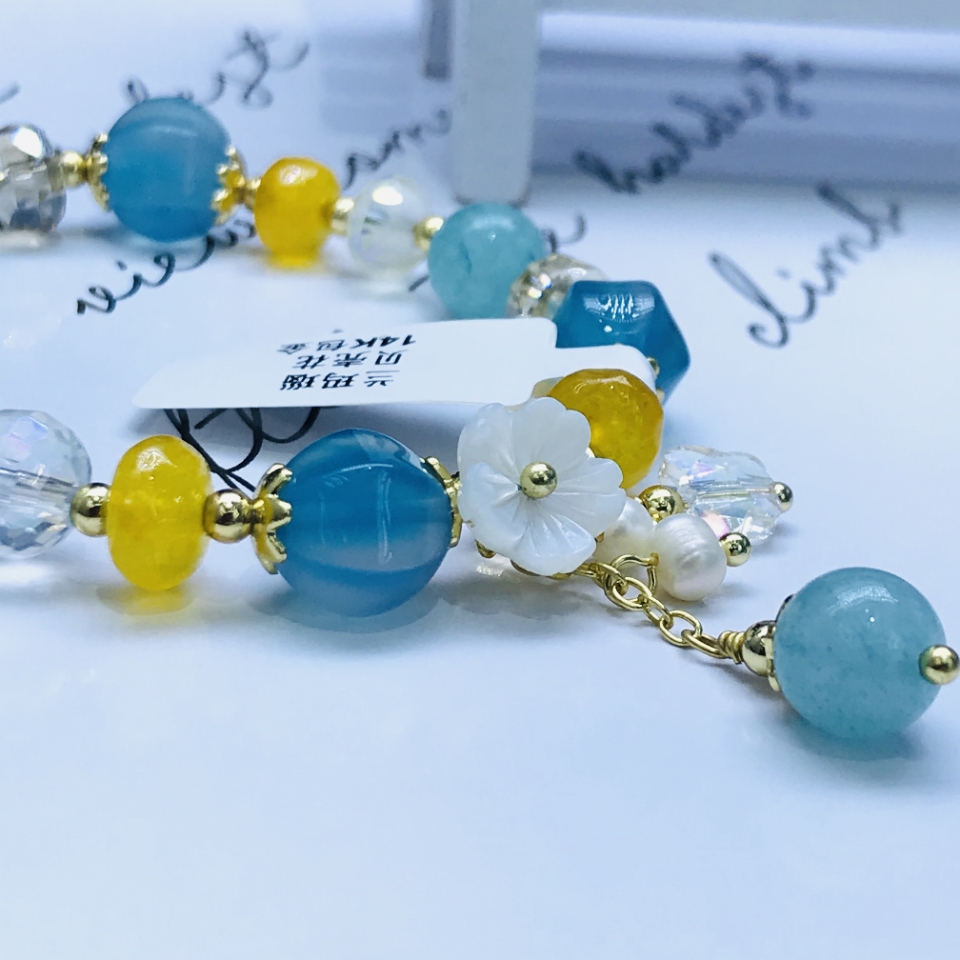 Brazil Imported Agate Simple and Natural Aquamarine Bracelet Plated 14K Real Gold Fresh Bracelet