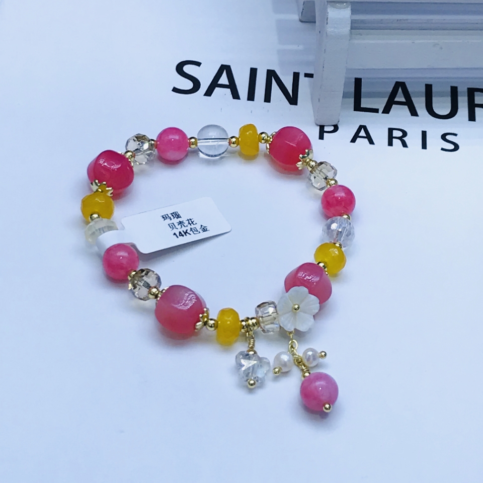 Natural Brazil Imported Agate Stone Bracelet Plated 14K Real Gold Sweet Cute and Graceful Flower Girlfriends Bracelet