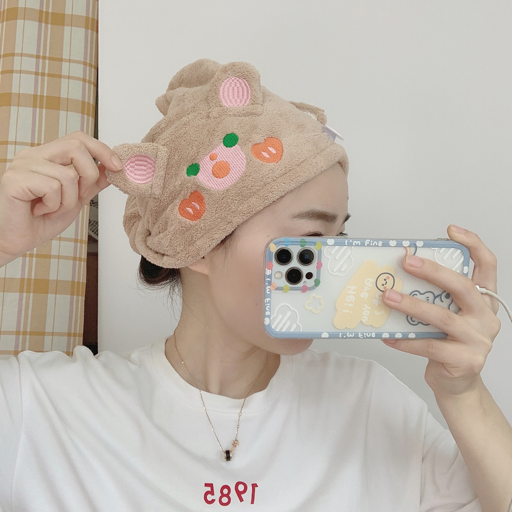   Cap Female Cute Cha Cha Bear Water-Absorbing Quick-Drying Head Cover Thickened Shower Cap Student Shampoo Towel Cute