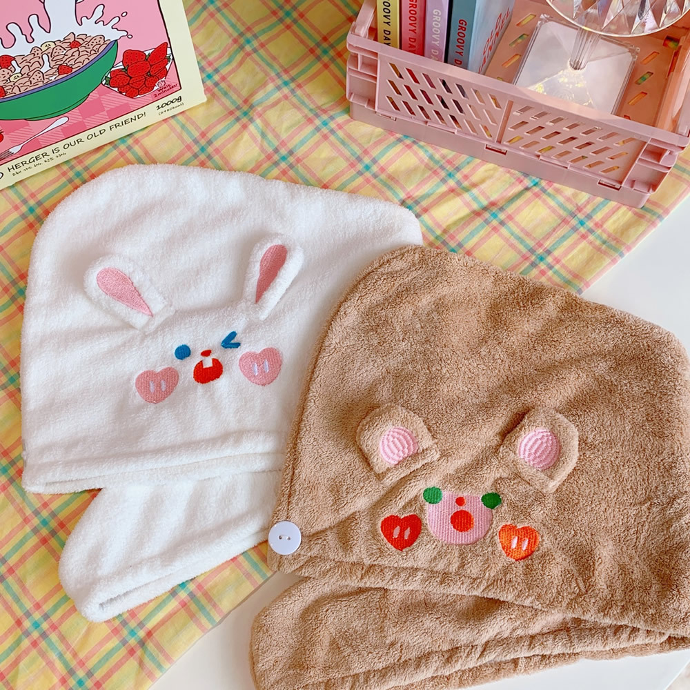   Cap Female Cute Cha Cha Bear Water-Absorbing Quick-Drying Head Cover Thickened Shower Cap Student Shampoo Towel Cute