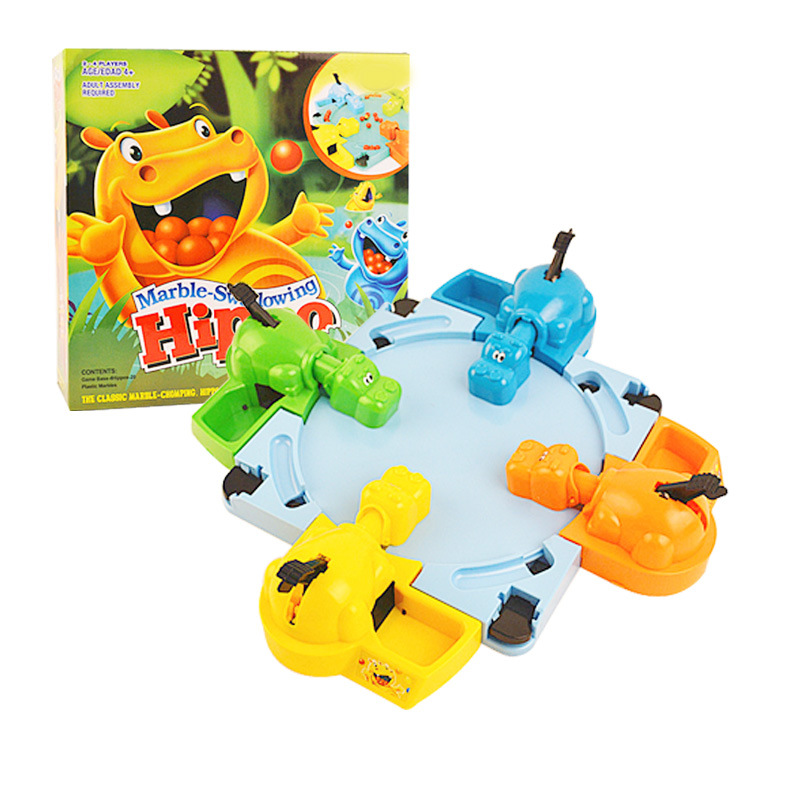 Hungry hippos feed frogs an updated version of the two-player competitive game Pinball for four interactive puzzle toys
