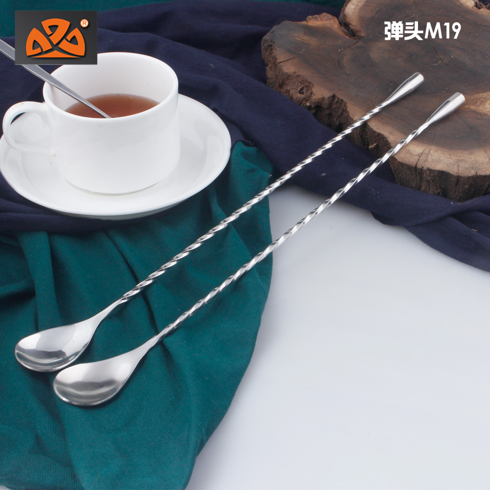 Spot Amazon Cold Drink Cocktail Spoon Long Handle Spoon Milk Tea Twisted Stirring Rod Stainless Steel Swizzle Stick Long